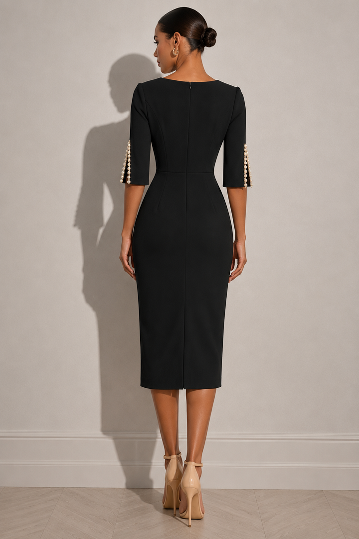 Pearl-Embellished Slit Sleeve Midi Dress