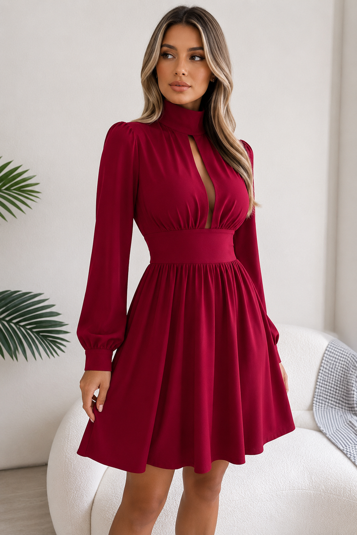 Cutout Mock Turtleneck A-Line Mini Dress