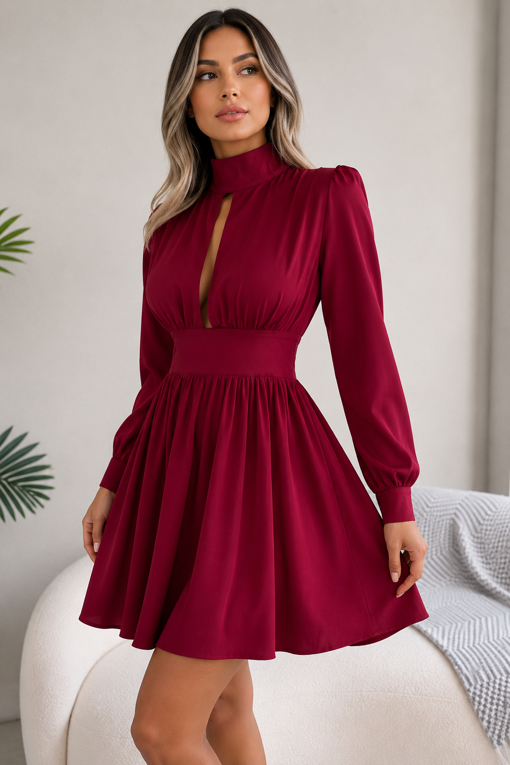 Cutout Mock Turtleneck A-Line Mini Dress