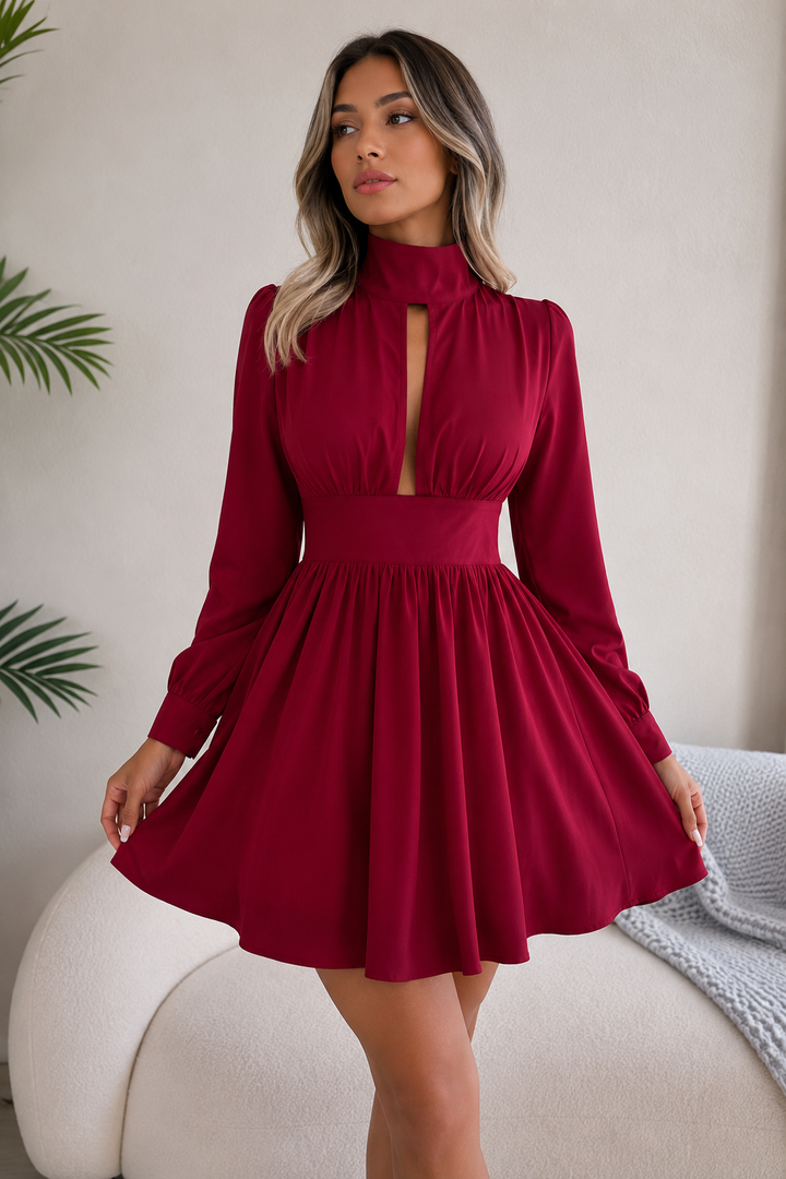 Cutout Mock Turtleneck A-Line Mini Dress