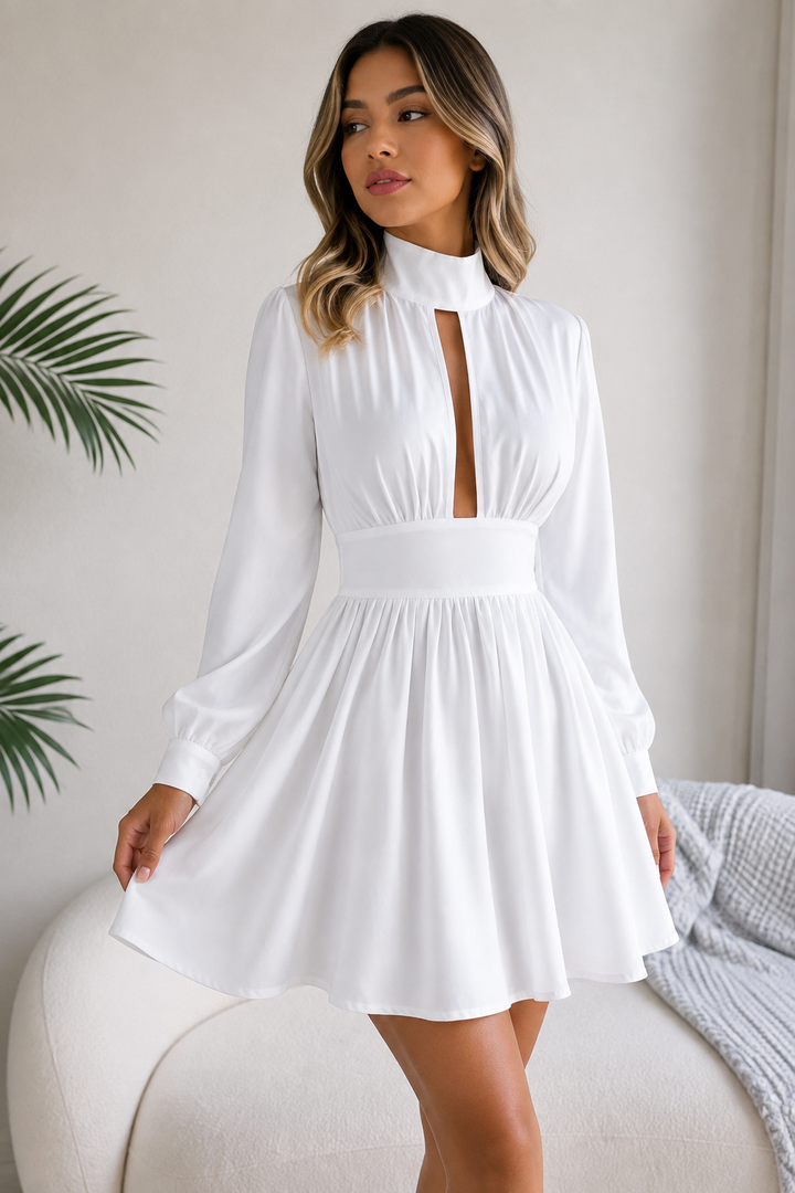 Cutout Mock Turtleneck A-Line Mini Dress