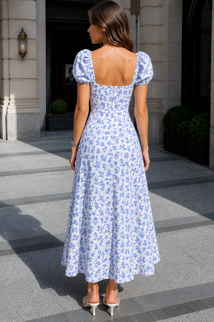 Plus Size Blue Floral Puff Sleeve Slit Midi Dress
