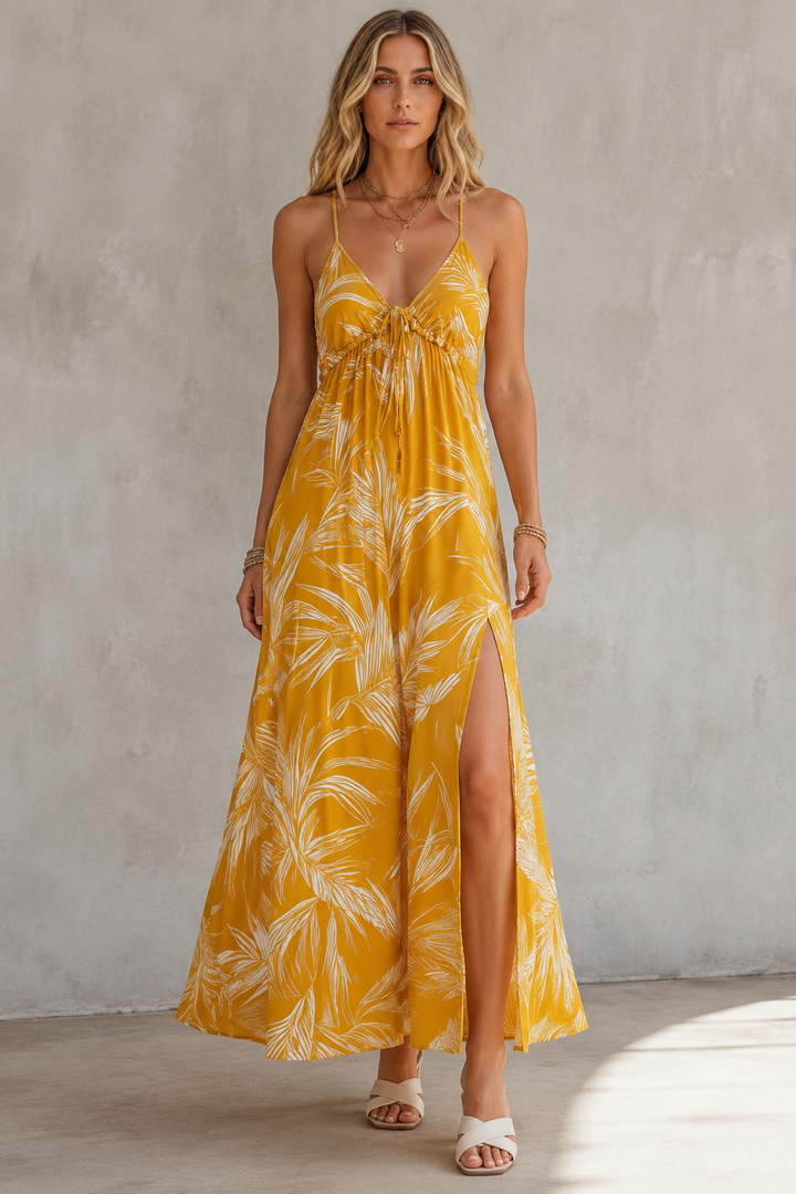 Marigold Palm Print V-Neck Maxi Dress - Plus Size