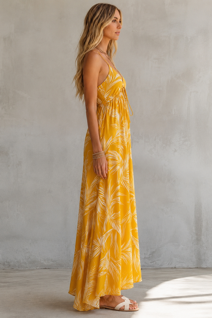 Marigold Palm Print V-Neck Maxi Dress - Plus Size