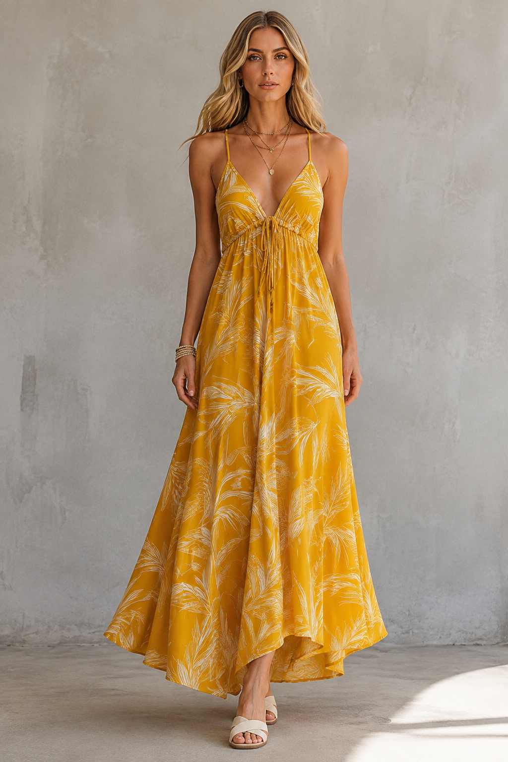 Marigold Palm Print V-Neck Maxi Dress - Plus Size