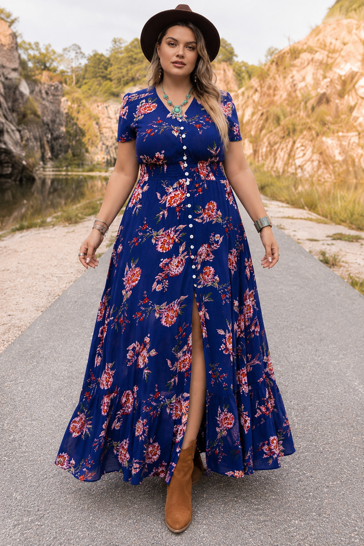 Plus Size Floral Velvet Lace V-Neck Maxi Dress