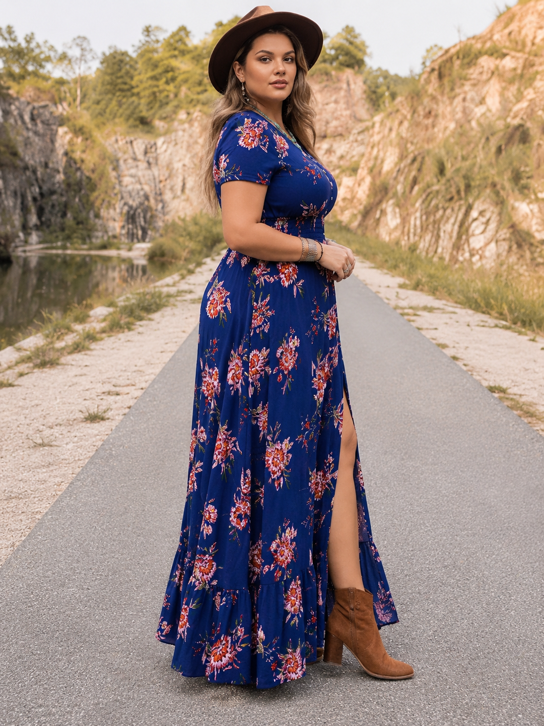 Plus Size Floral Velvet Lace V-Neck Maxi Dress