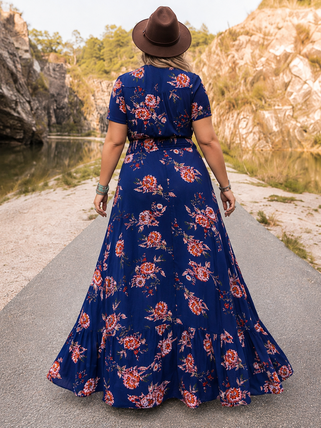 Plus Size Floral Velvet Lace V-Neck Maxi Dress