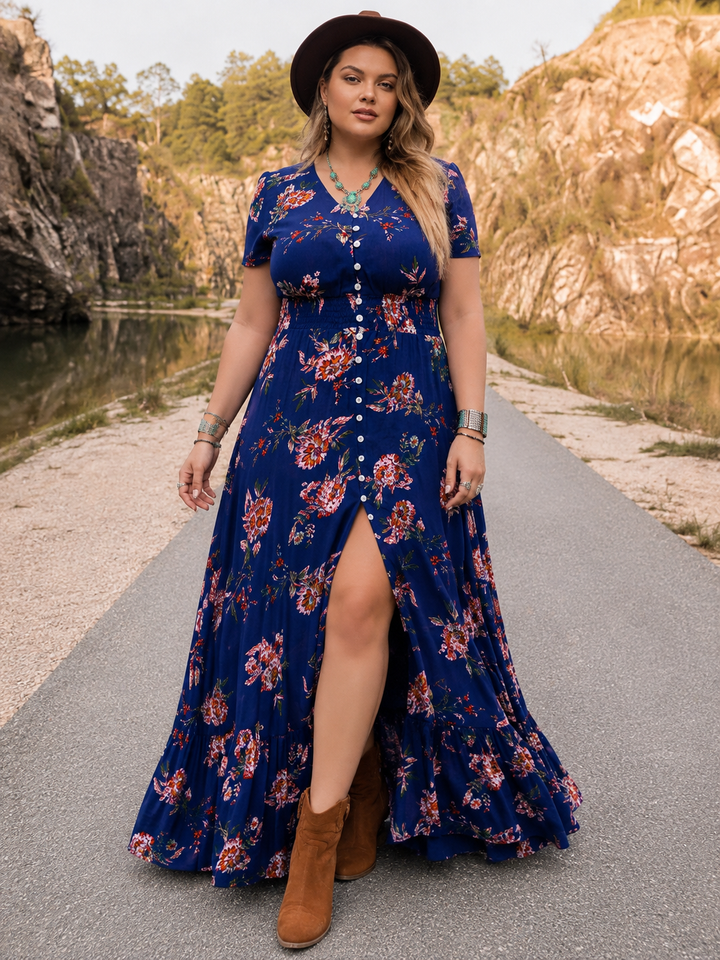 Plus Size Floral Velvet Lace V-Neck Maxi Dress