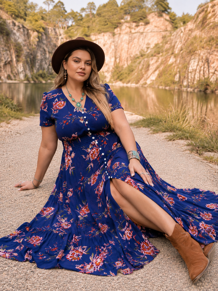 Plus Size Floral Velvet Lace V-Neck Maxi Dress