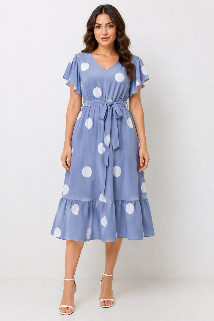 Plus Size Polka Dot Flutter Sleeve Midi Dress