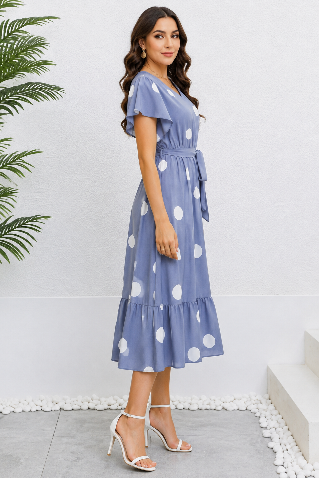 Plus Size Polka Dot Flutter Sleeve Midi Dress
