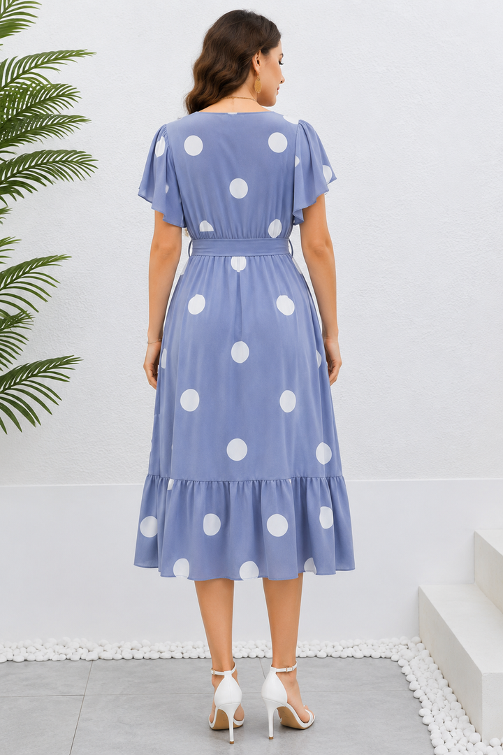 Plus Size Polka Dot Flutter Sleeve Midi Dress