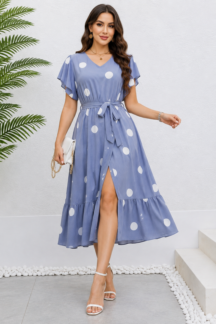 Plus Size Polka Dot Flutter Sleeve Midi Dress