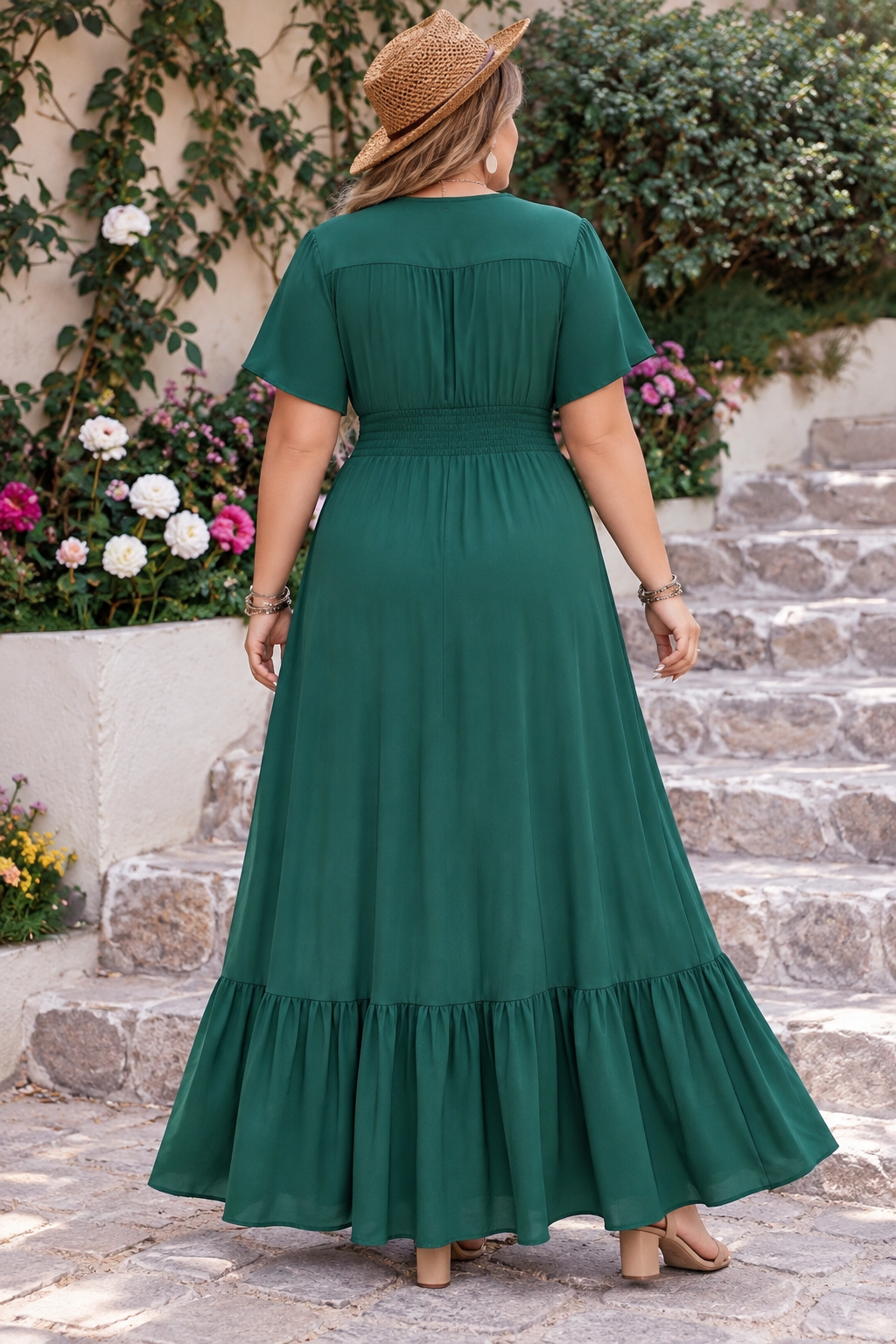 Plus Size V-Neck Flutter Sleeve Button-Front Smocked Maxi Dress