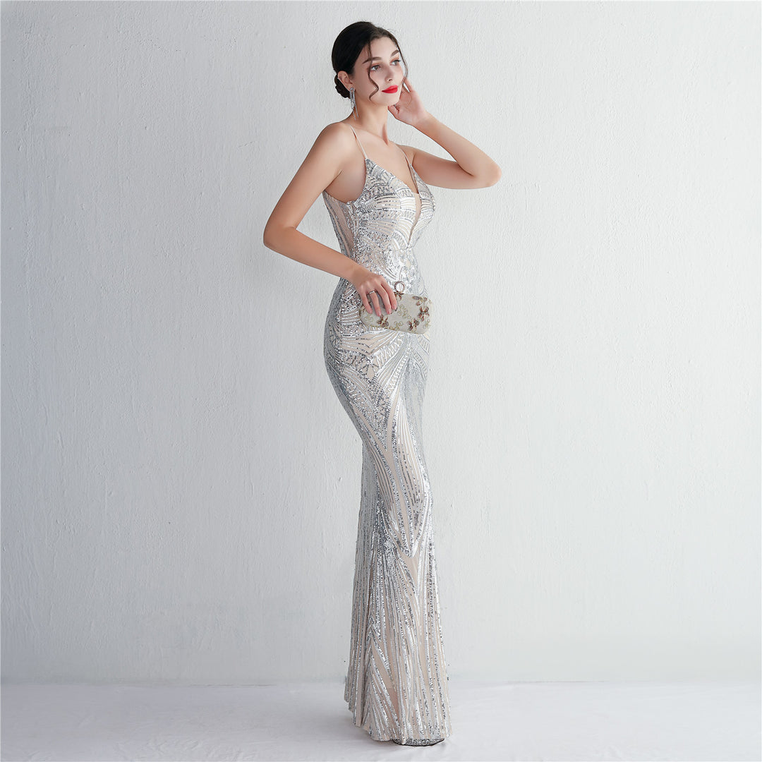 Sequin Deep V-Neck Maxi Dress