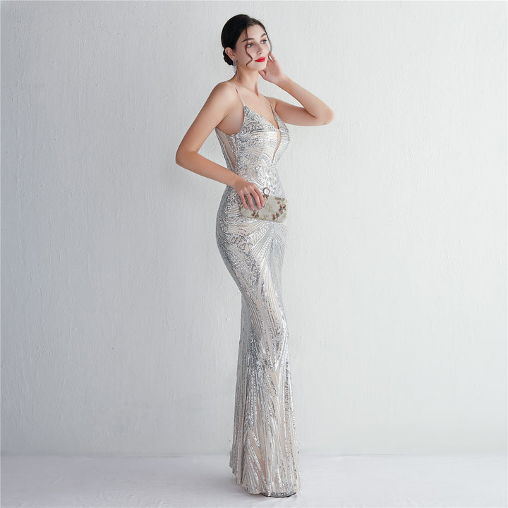Sequin Deep V-Neck Maxi Dress