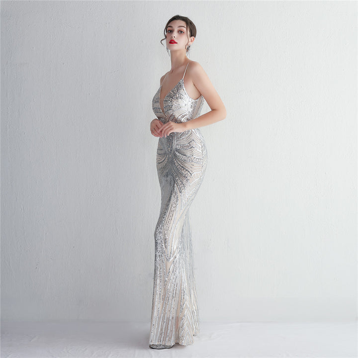 Sequin Deep V-Neck Maxi Dress
