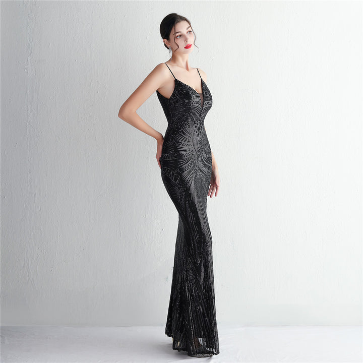 Sequin Deep V-Neck Maxi Dress