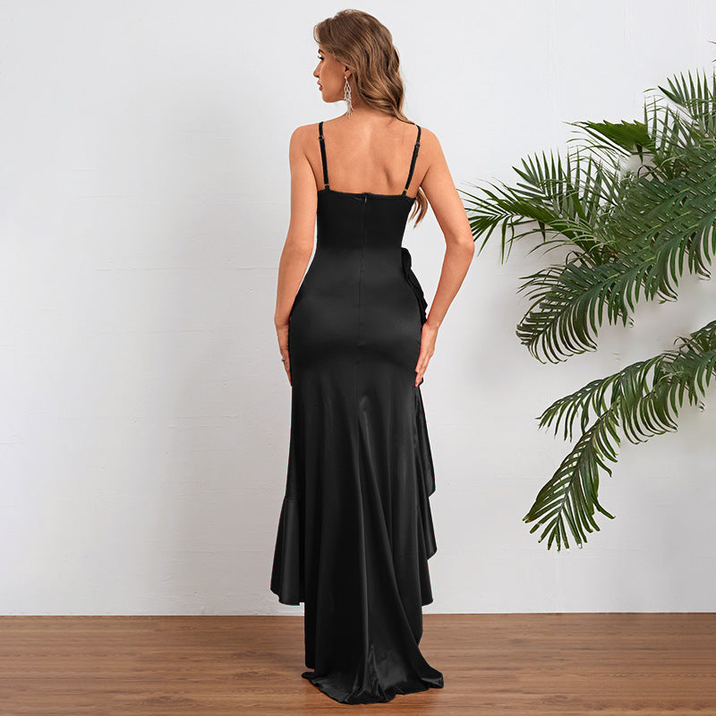 Elegant Satin Ruffle High-Low Maxi Dress for Effortless Glamour