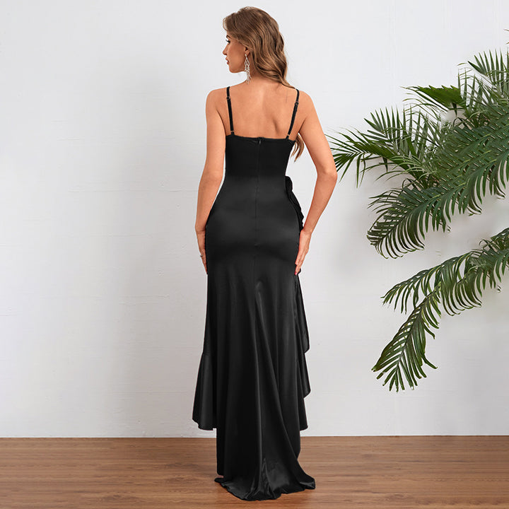 Elegant Satin Ruffle High-Low Maxi Dress for Effortless Glamour