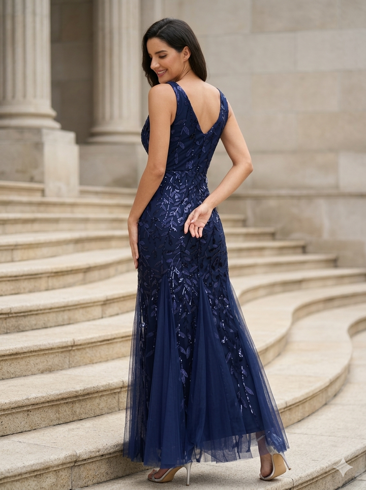 Embroidered Sequin Mermaid Evening Dress